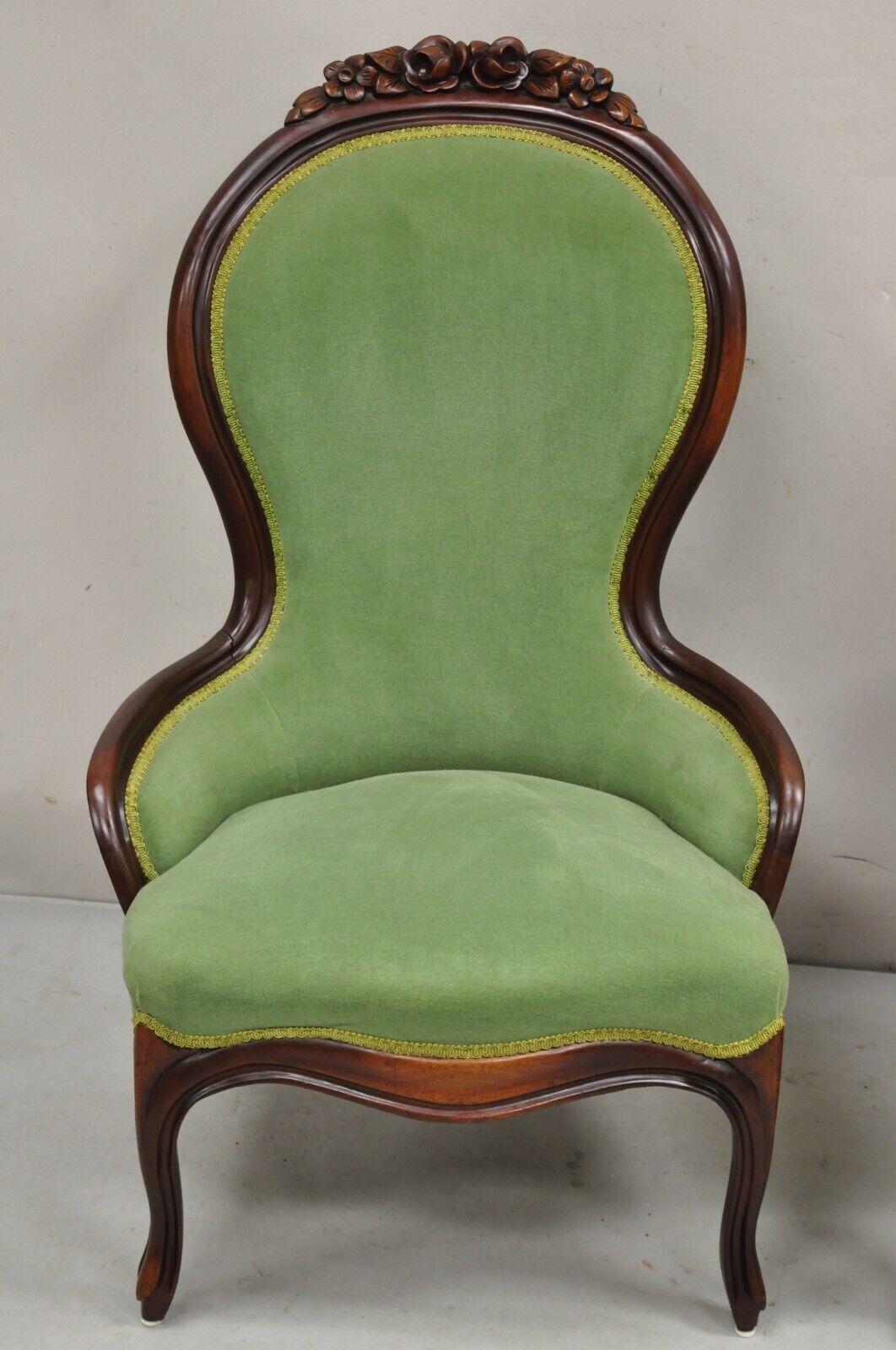 Vintage Victorian Green & Yellow His & Hers Rose Carved Parlor Chairs - a Pair