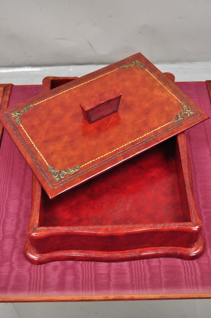 Vintage Italian Hollywood Regency Red Tooled Leather Gold Gilt 3 Pc Desk Set