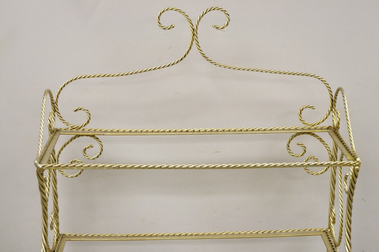 Italian Hollywood Regency Rope Tassel Silver Gold 5 Tier Iron Bakers Rack Shelf