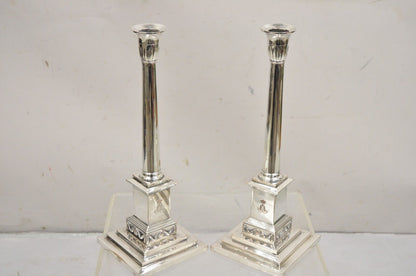 Antique English Edwardian Silver Plated Tall Column Candlestick Candleholders