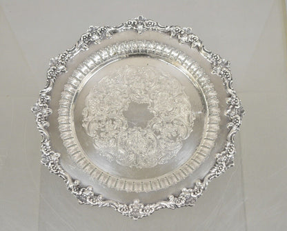 Vintage English Victorian Reticulated Silver Plated Round Footed Serving Tray