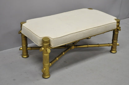 Vintage Hollywood Regency Gold Faux Bamboo Upholstered X-Frame Carved Wood Bench