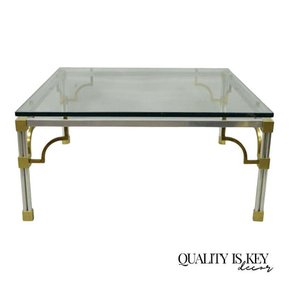 Maison Jansen Style Brushed Aluminum Brass Greek Key Fretwork Glass Coffee Table