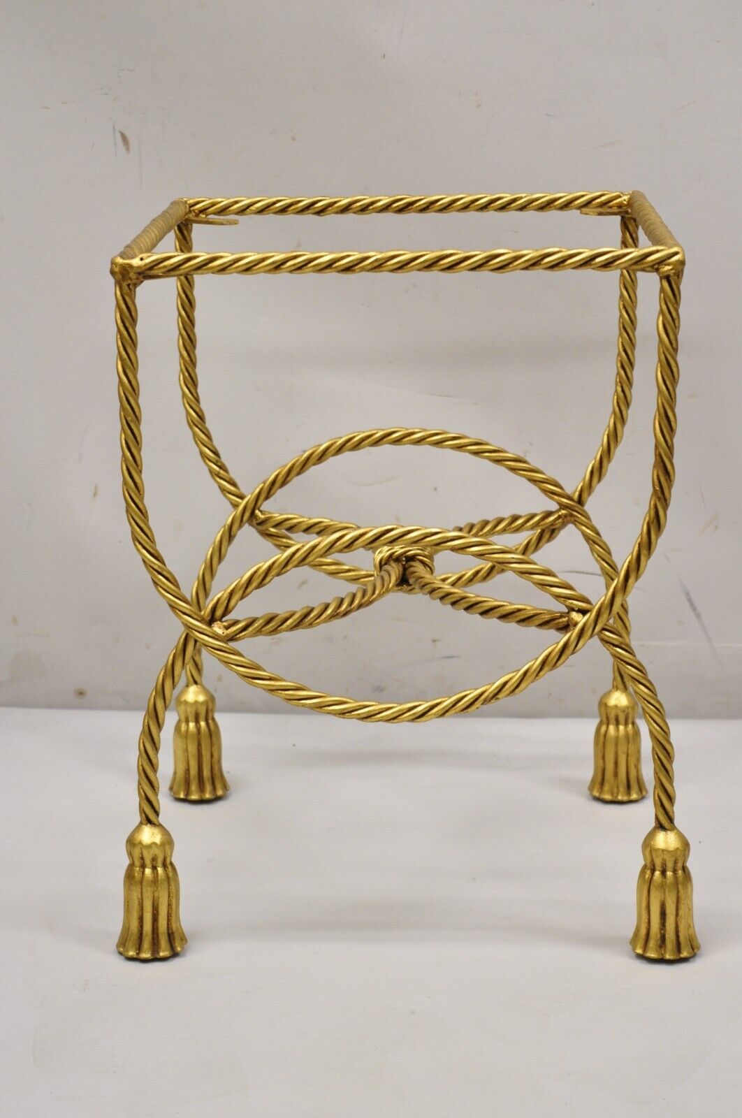 Italian Hollywood Regency Gold Gilt Iron Rope Tassel 20" Vanity Stool Side Table