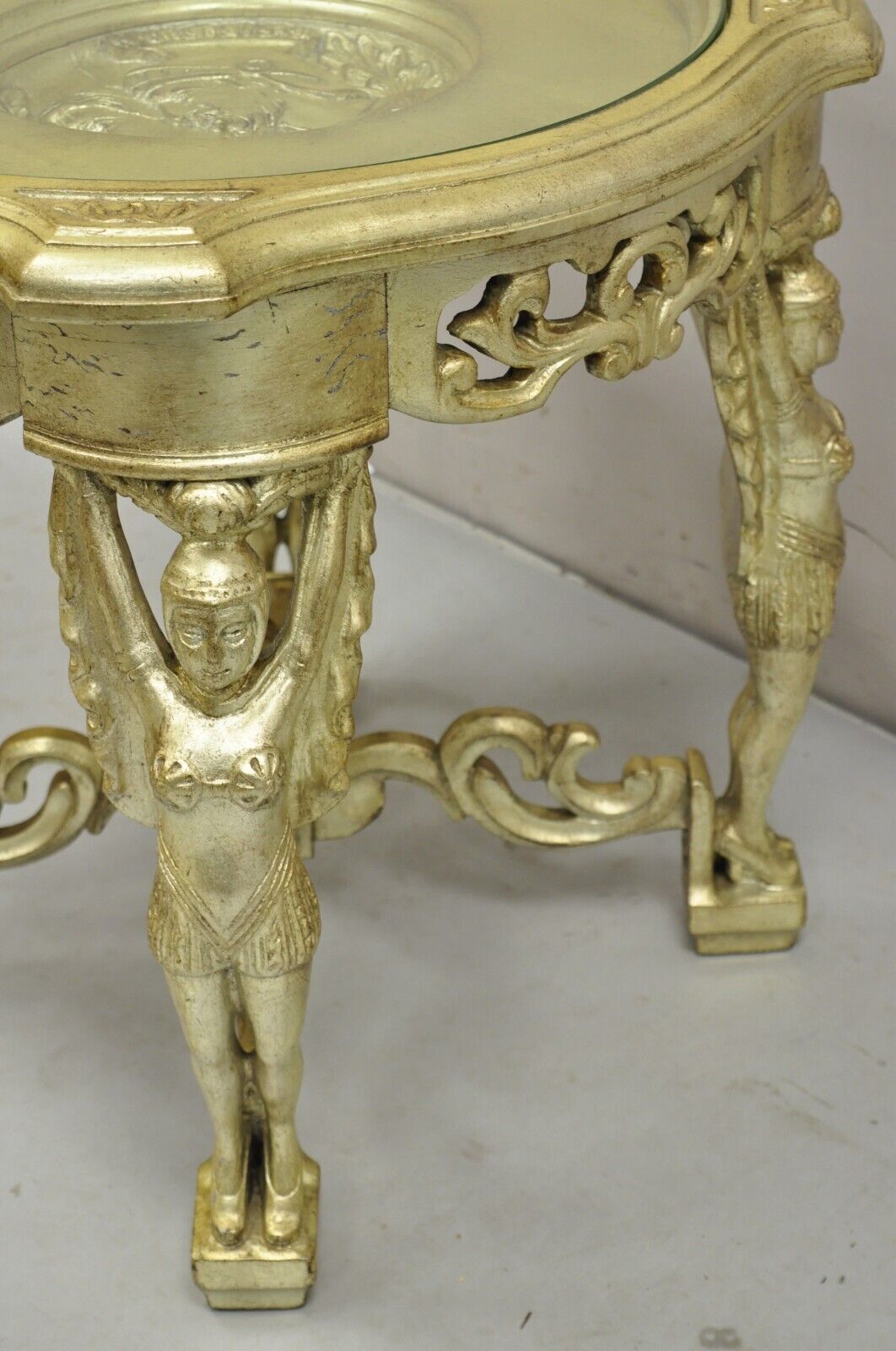 Vintage Art Deco Carved Female Dancer Silver Gold Round Coffee Side Table