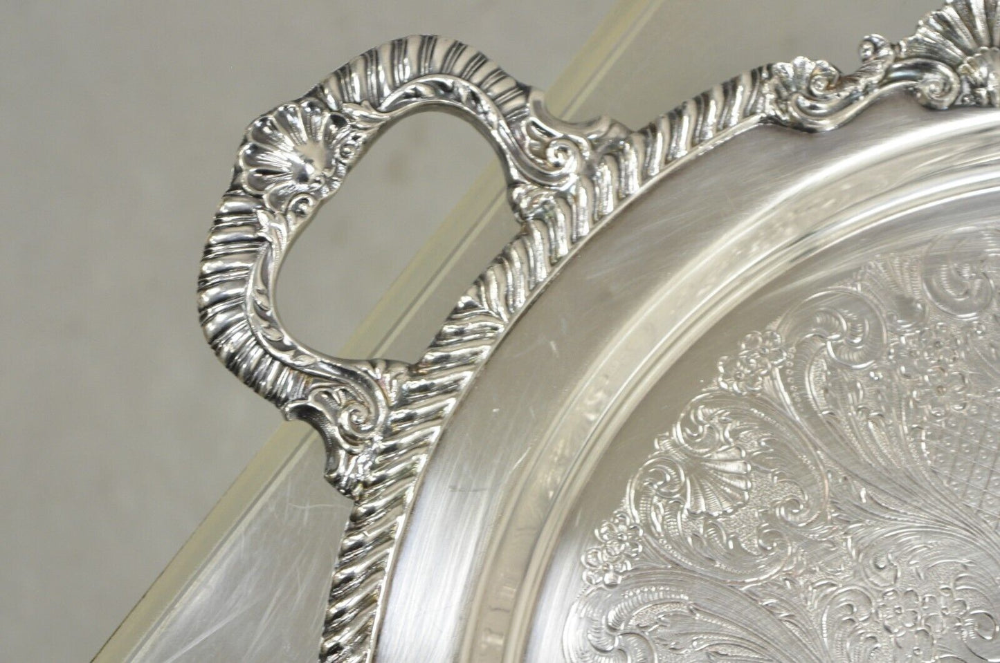 Vintage Sheffield Victorian Style Silver Plated Round Twin Handle Platter Tray