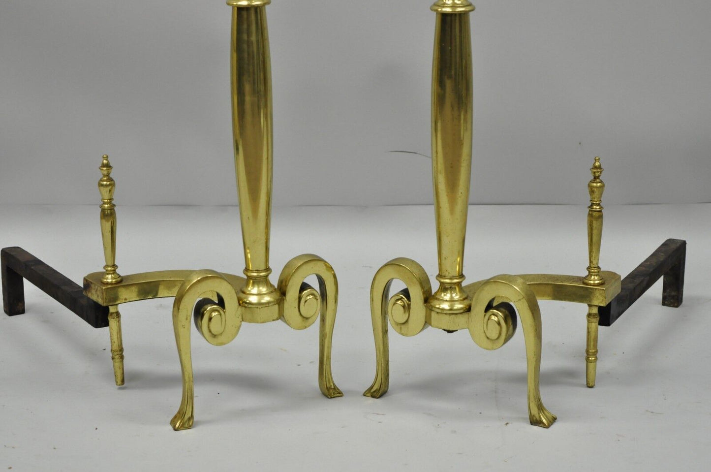 Antique Pair French Art Nouveau Style Brass Fireplace Andirons Urn Finial