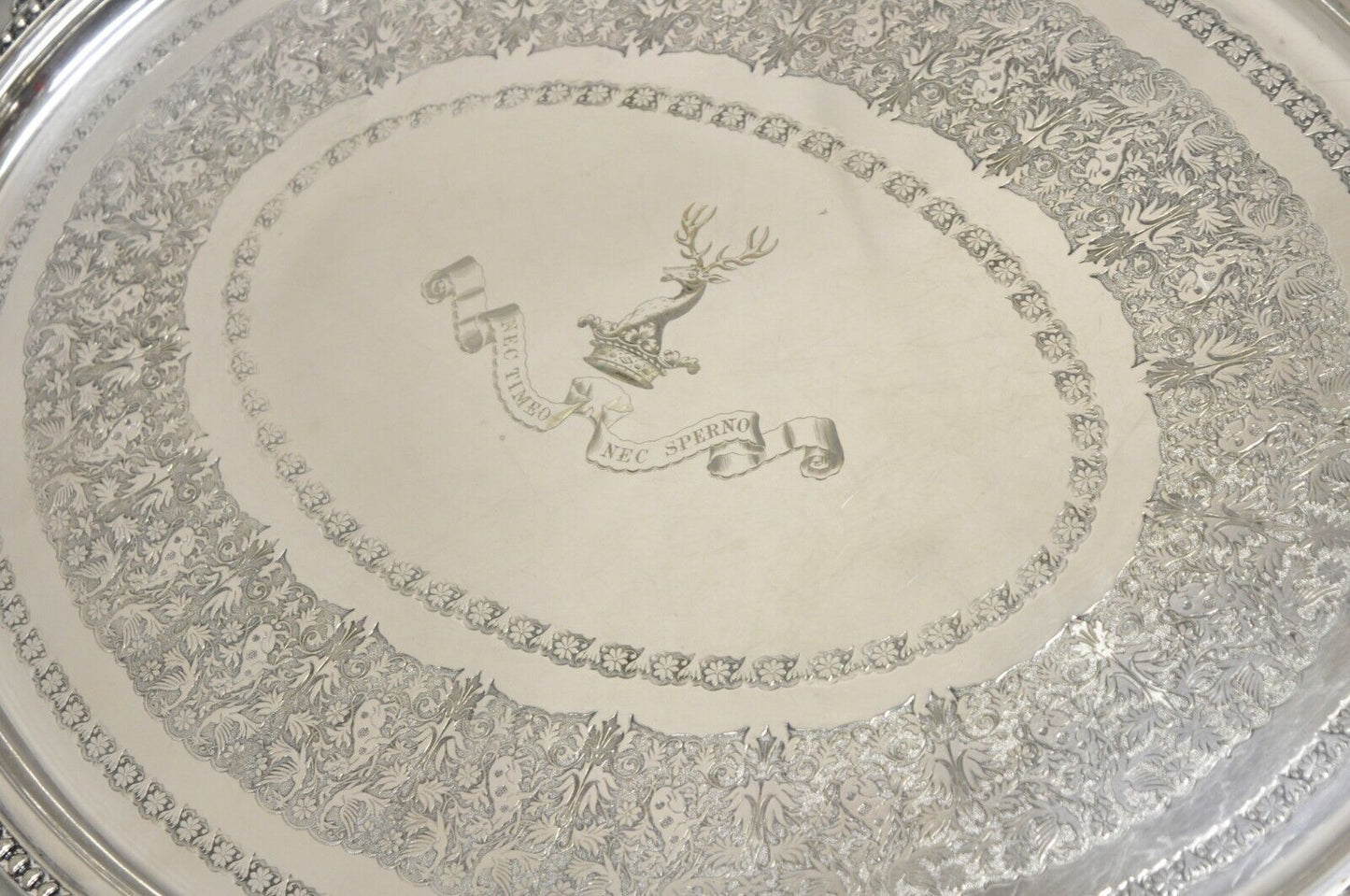 Antique English Victorian Horned Deer Oval Platter Tray " Nec Timeo Nec Sperno"