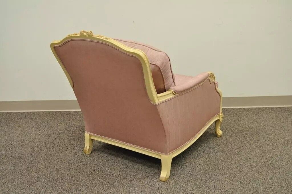 Vintage French Hollywood Regency Style Cream Carved Parlor Fireside Lounge Chair