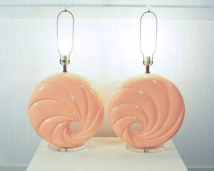 Hollywood Regency Pink Swirl Shell Form Ceramic Lucite Round Table Lamps - Pair