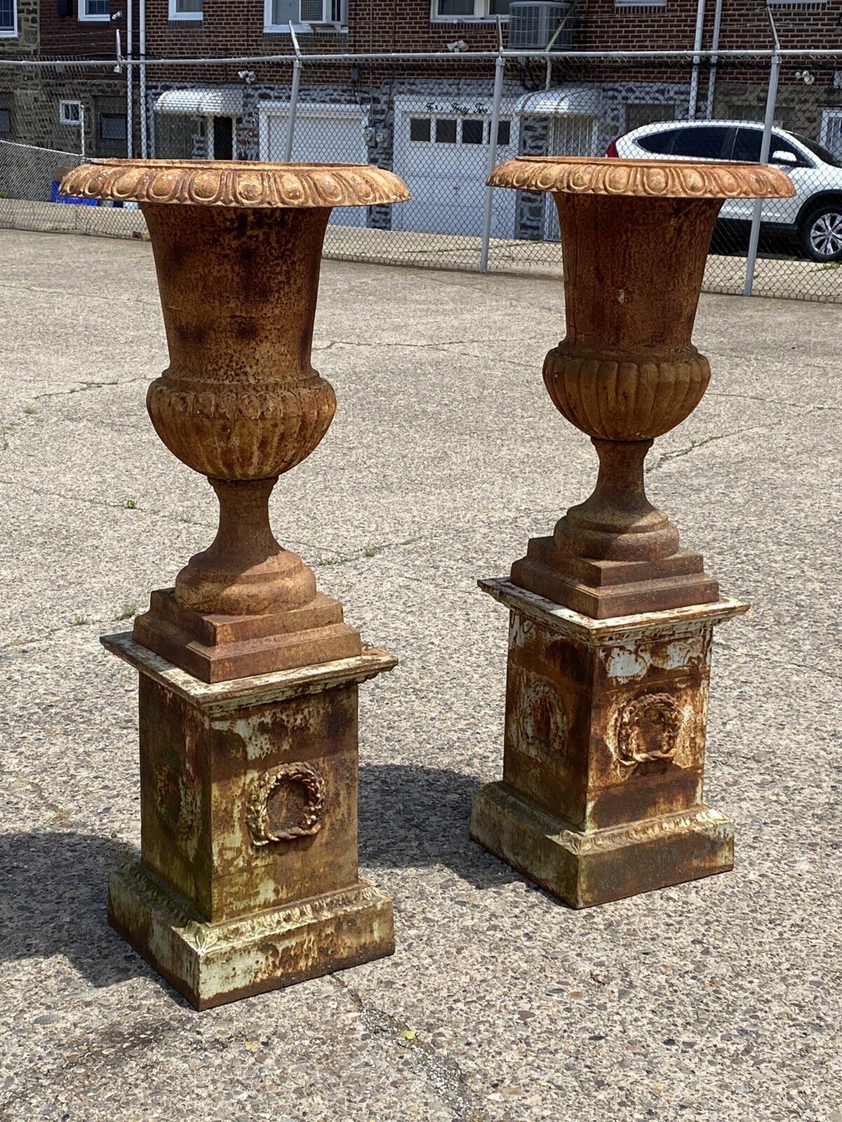 Large 62" Tall Cast Iron Campana Urn Outdoor Garden Planters on Base - a Pair