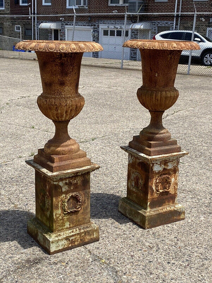 Large 62" Tall Cast Iron Campana Urn Outdoor Garden Planters on Base - a Pair