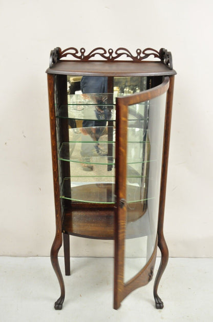 Antique Victorian Oak Wood Bowed Glass Single Door Carved Fretwork Curio Cabinet