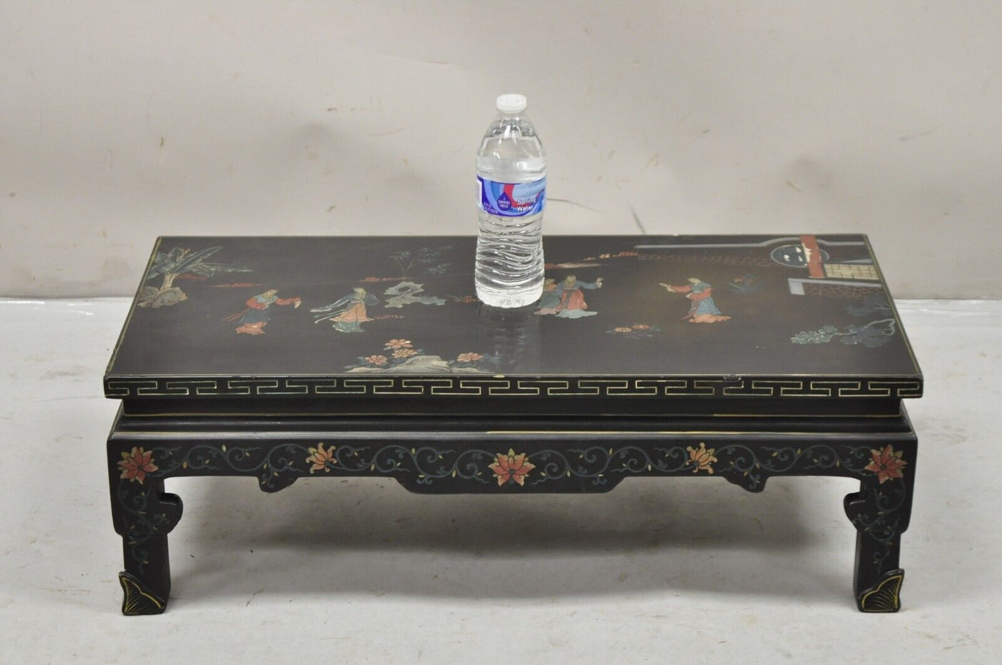 Vintage Chinese Oriental Black Lacquer Hand Painted Low Asian Side Table