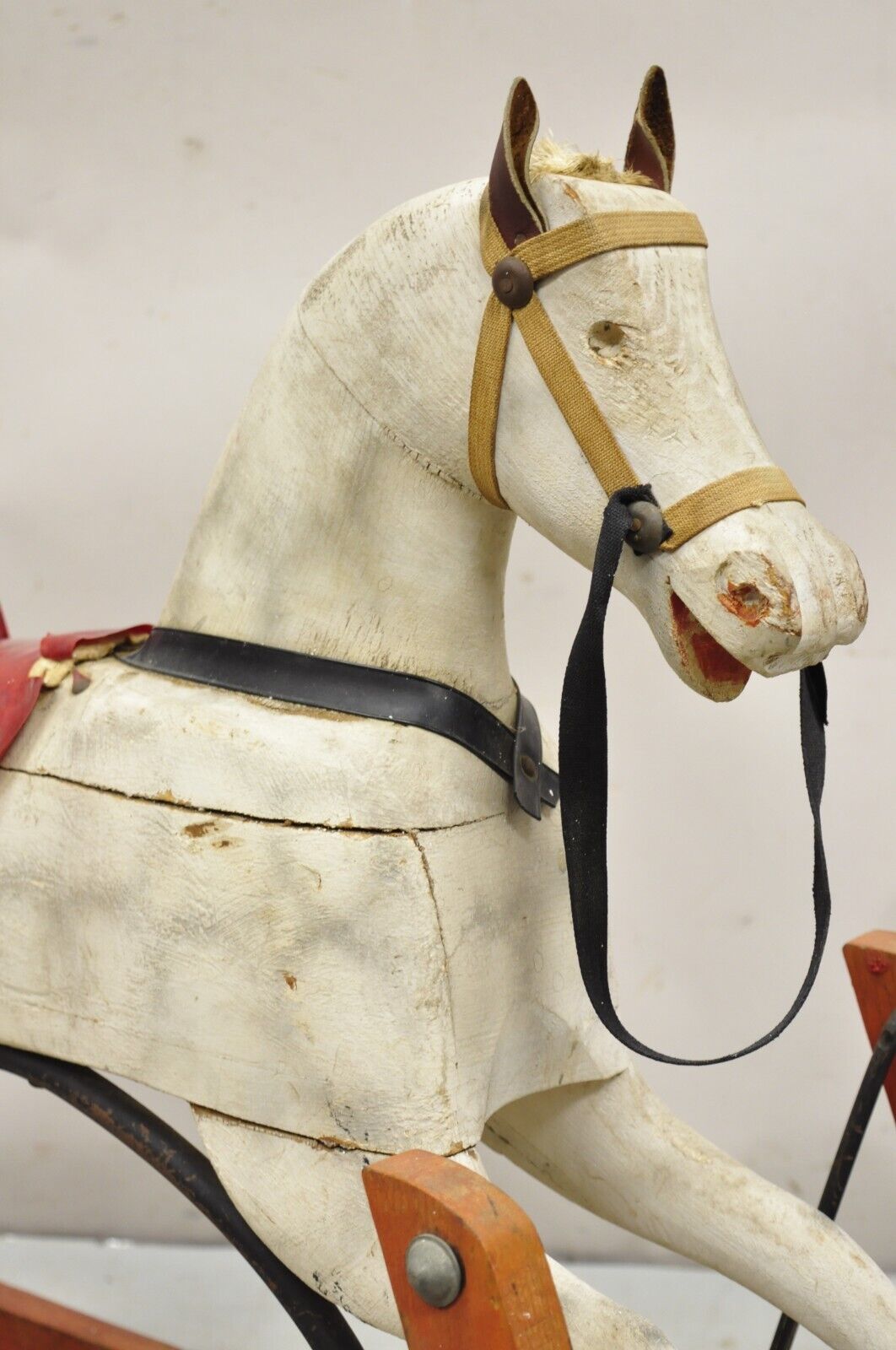 Antique Victorian Rocking Horse Glider Childs Toy Carved Wood White Red Painted