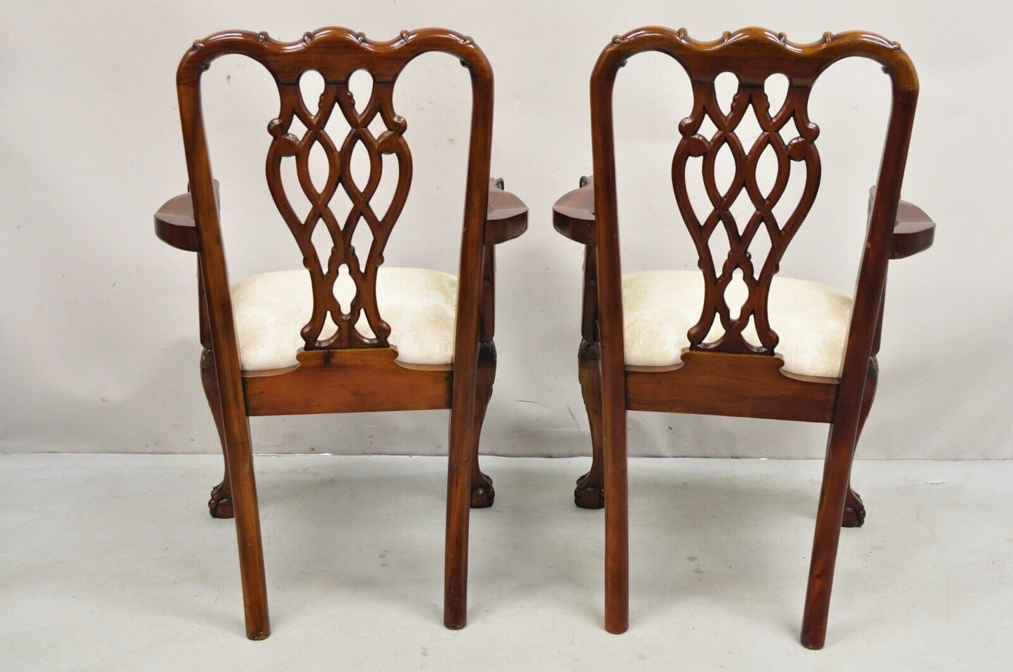 English Chippendale Style Carved Mahogany Ball & Claw Dining Arm Chairs - a Pair