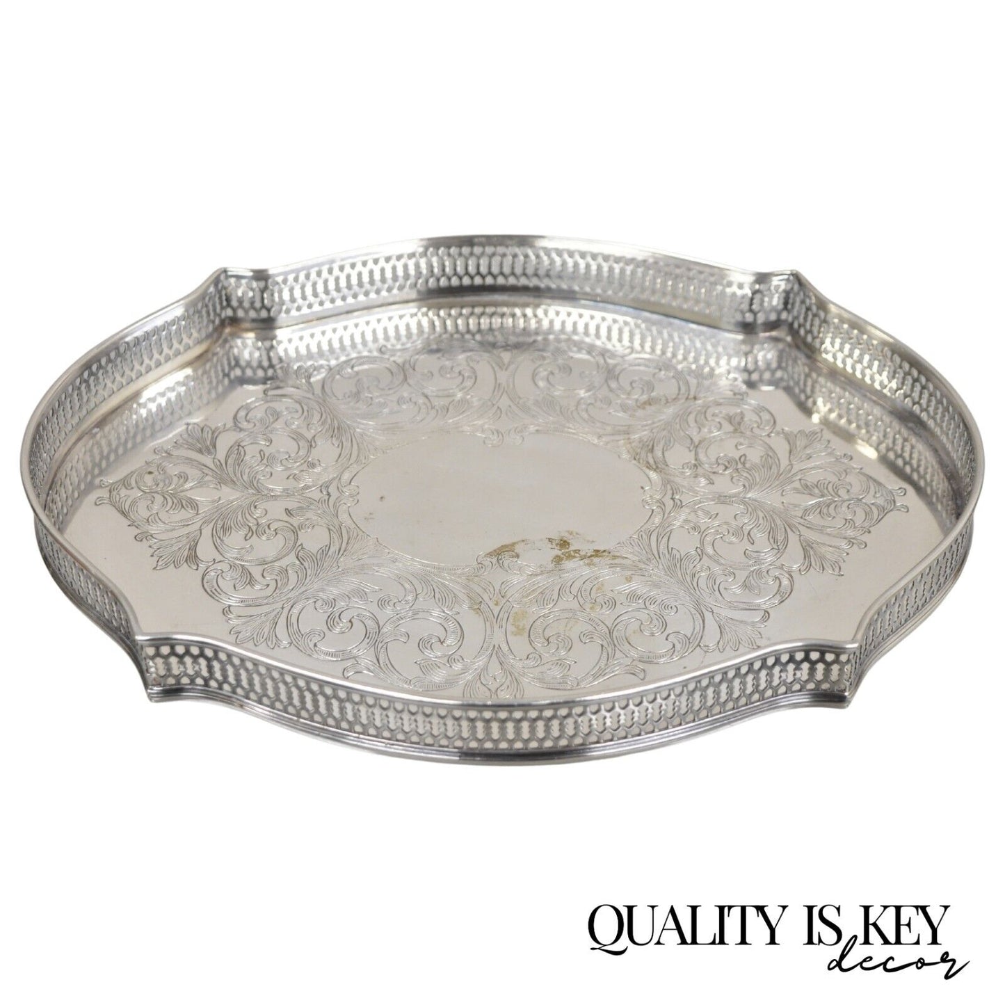 Vintage LBS Co Silver Plated Scalloped Trinket Dish Tray with Pierced Gallery