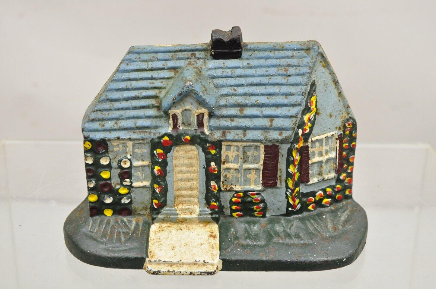 Antique Victorian Cast Iron Figural Blue Cottage House Painted Door Stop