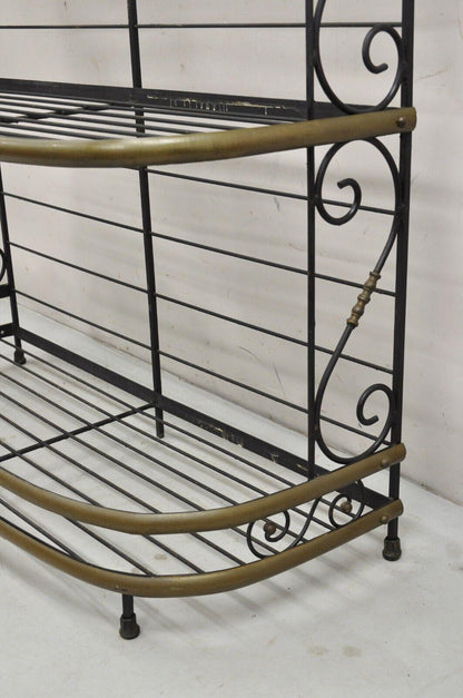 Vintage French Bakers Rack 3 Tier Scrolling Wrought Iron and Brass Etagere