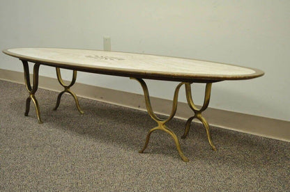 Italian Hollywood Regency Travertine & Brass Long Oval Surfboard Coffee Table