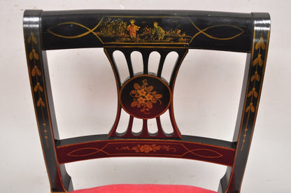 Vintage Chinoiserie English Regency Style Black Painted Dining Chairs - Set of 6