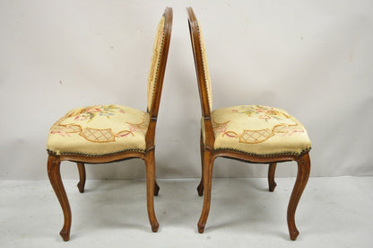 Antique French Provincial Louis XV Walnut Floral Needlepoint Side Chair - a Pair