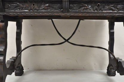 Antique 19th C Spanish Renaissance Carved Oak Wood 2 Drawer Library Table Desk