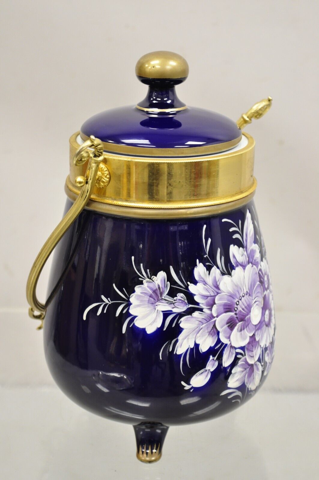Vintage Victorian Cobalt Blue Porcelain Lidded Cookie Biscuit Jar Purple Flowers