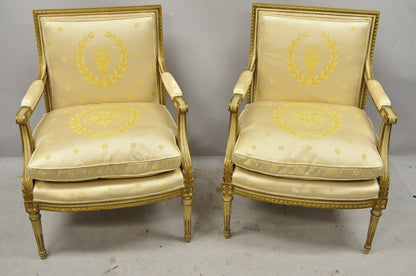 Pair French Louis XVI Neoclassical Gold Silk Fauteuil Parcel Gilt Arm Chairs