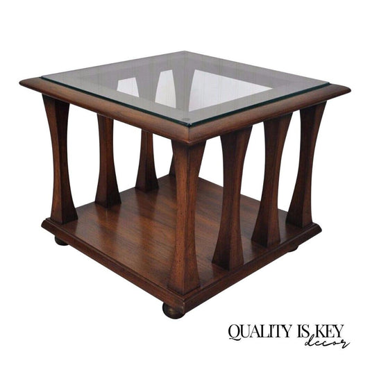 Vintage Mid Century Modern Sculpted Square Walnut Glass Side End Table Kagan Sty