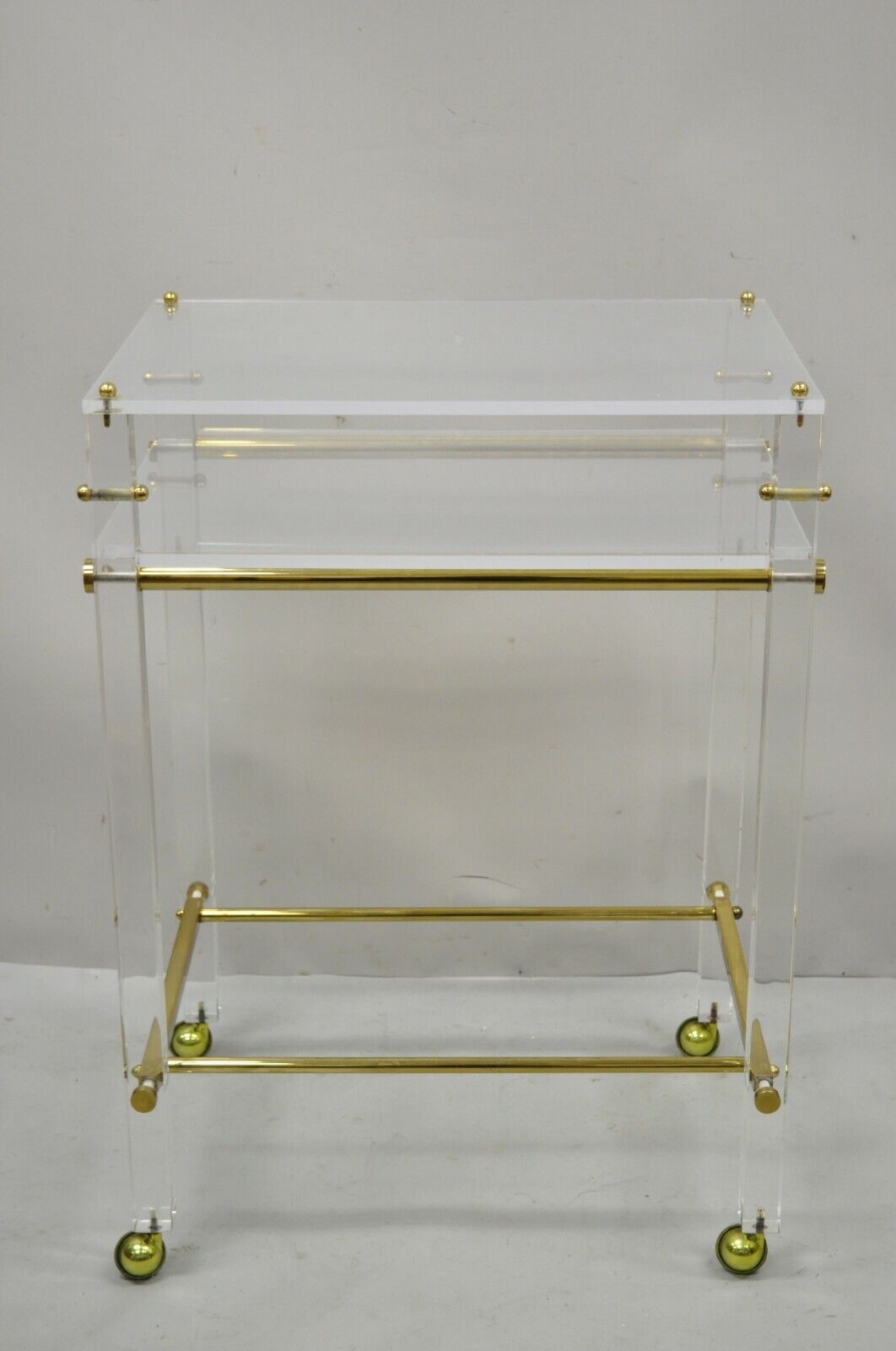 Lucite and Brass Mid Century Modern Rolling Bar Cart Trolley Tea Table Stand