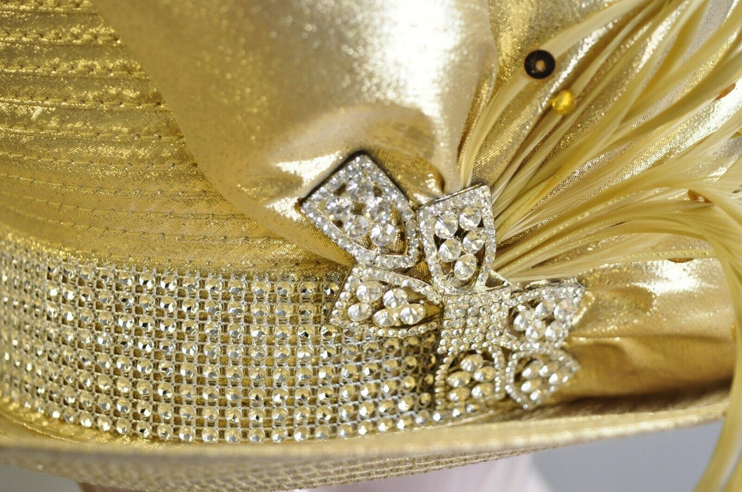 Vintage Whittall & Shon Metallic Gold Rhinestones 3 Tier Church Derby Crown Hat