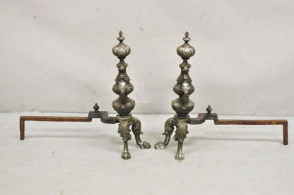 Antique French Empire Cast Iron & Silvered Bronze Paw Foot Andirons - a Pair