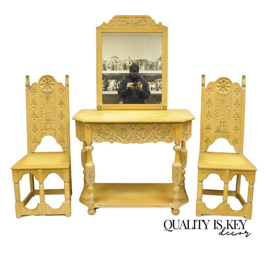 Gothic Renaissance Revival Painted Hall Altar Console Table Chair Set - 4 Pc Set