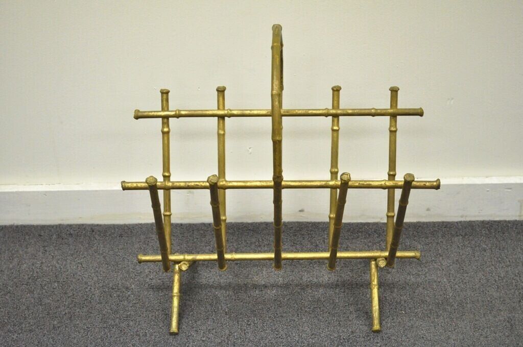 Vintage Italian Hollywood Regency Gold Gilt Metal Faux Bamboo Magazine Rack