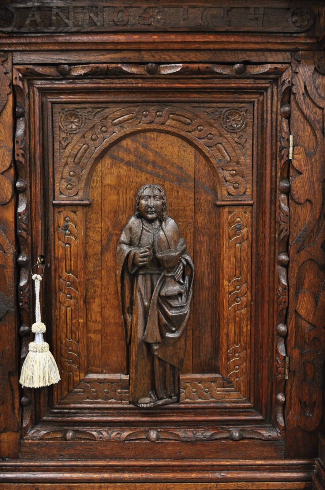 Antique Spanish Renaissance Figural Carved Oak Wood Religious Cupboard Cabinet