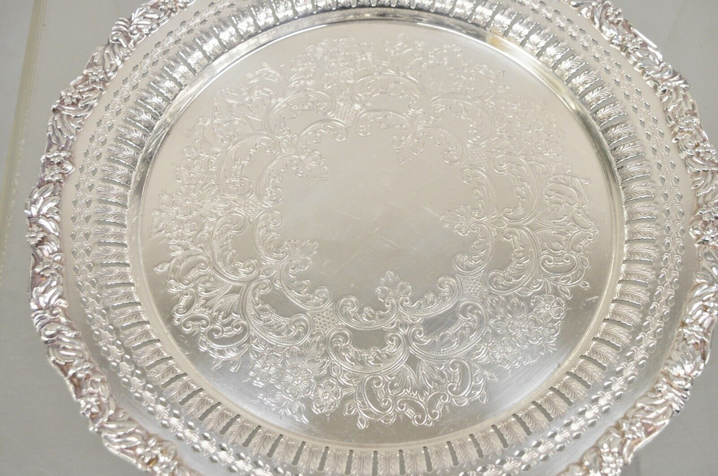 Vintage English Victorian Reticulated Pierced Gallery 12.5" Round Platter Tray