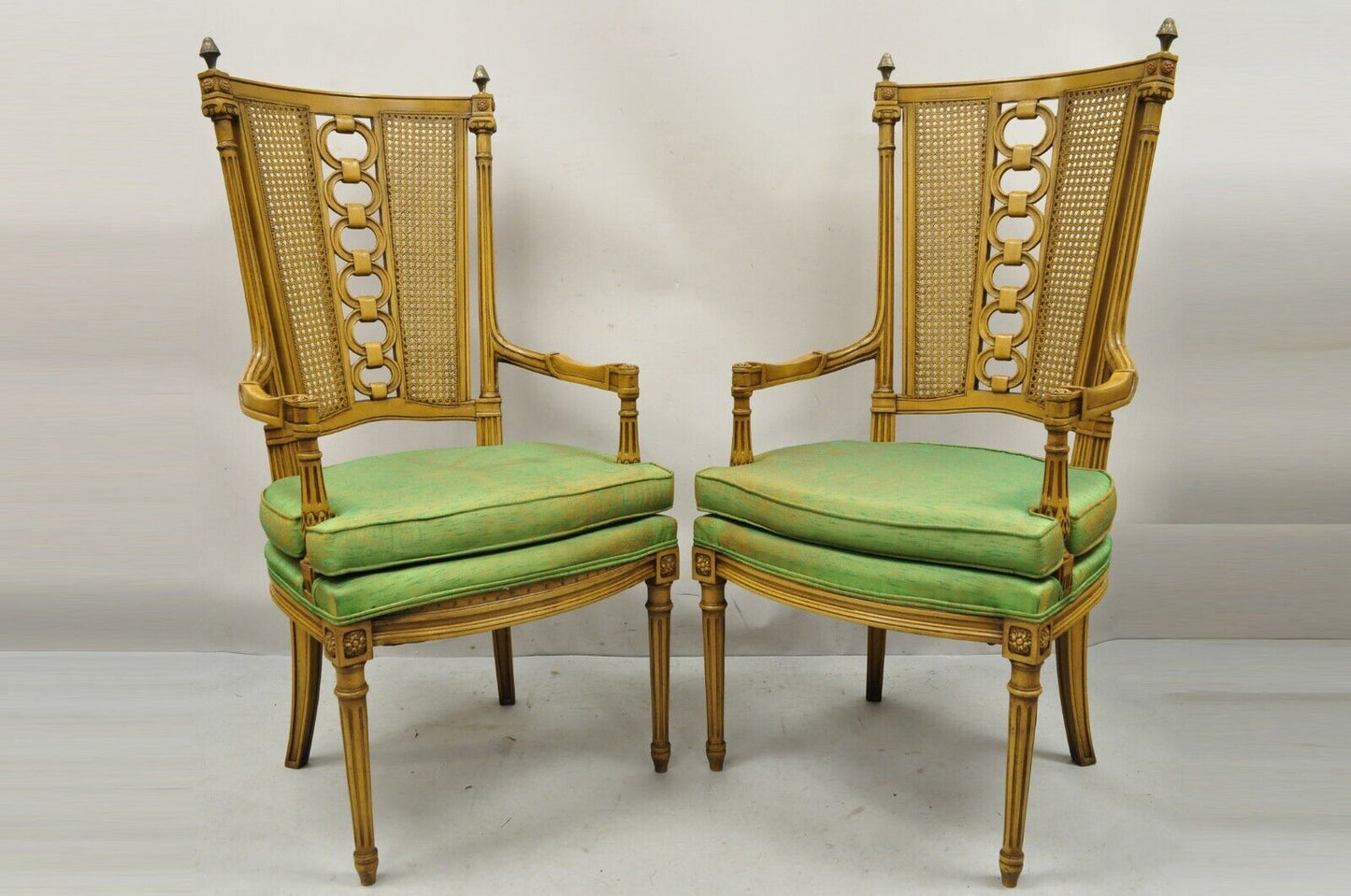 Vintage French Hollywood Regency Tall Cane Back Carved Link Chairs - a Pair