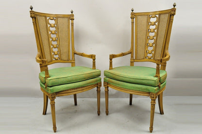 Vintage French Hollywood Regency Tall Cane Back Carved Link Chairs - a Pair