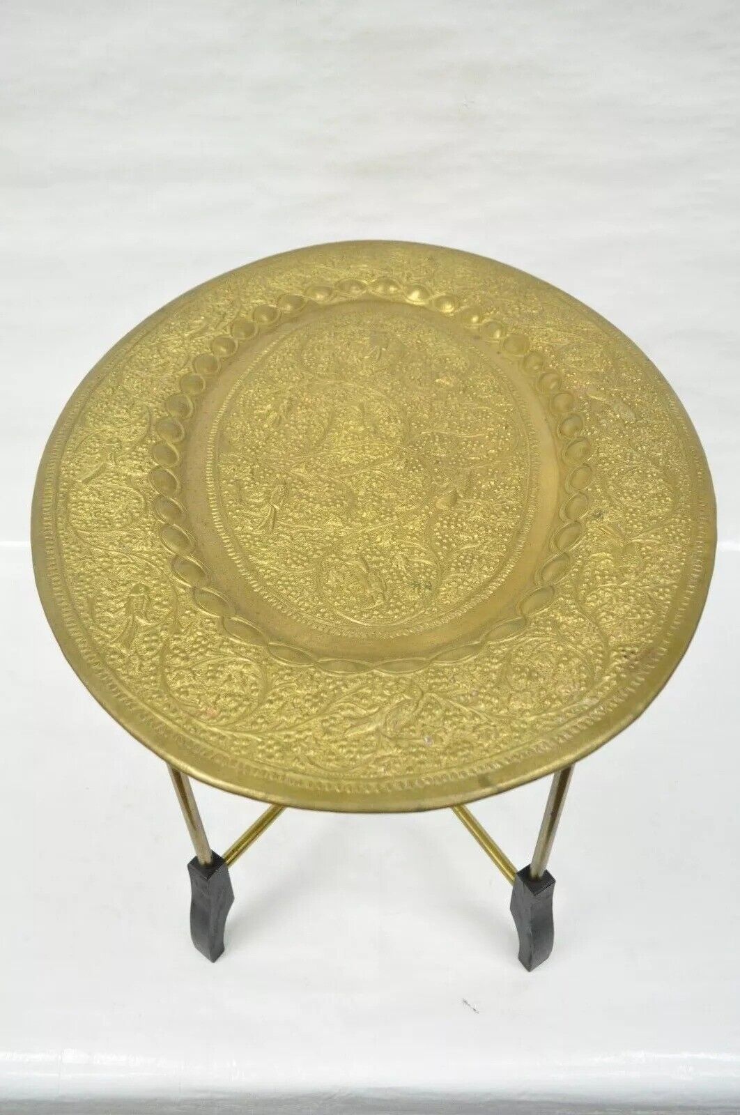 Vintage Moroccan Brass Bird Embossed Oval Tray Folding Small Coffee Table