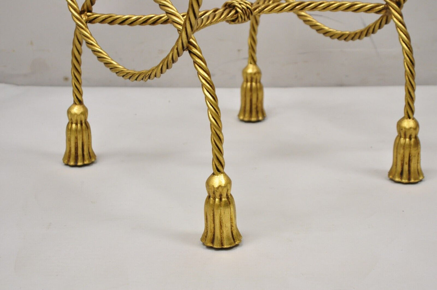 Italian Hollywood Regency Gold Gilt Iron Rope Tassel 20" Vanity Stool Side Table