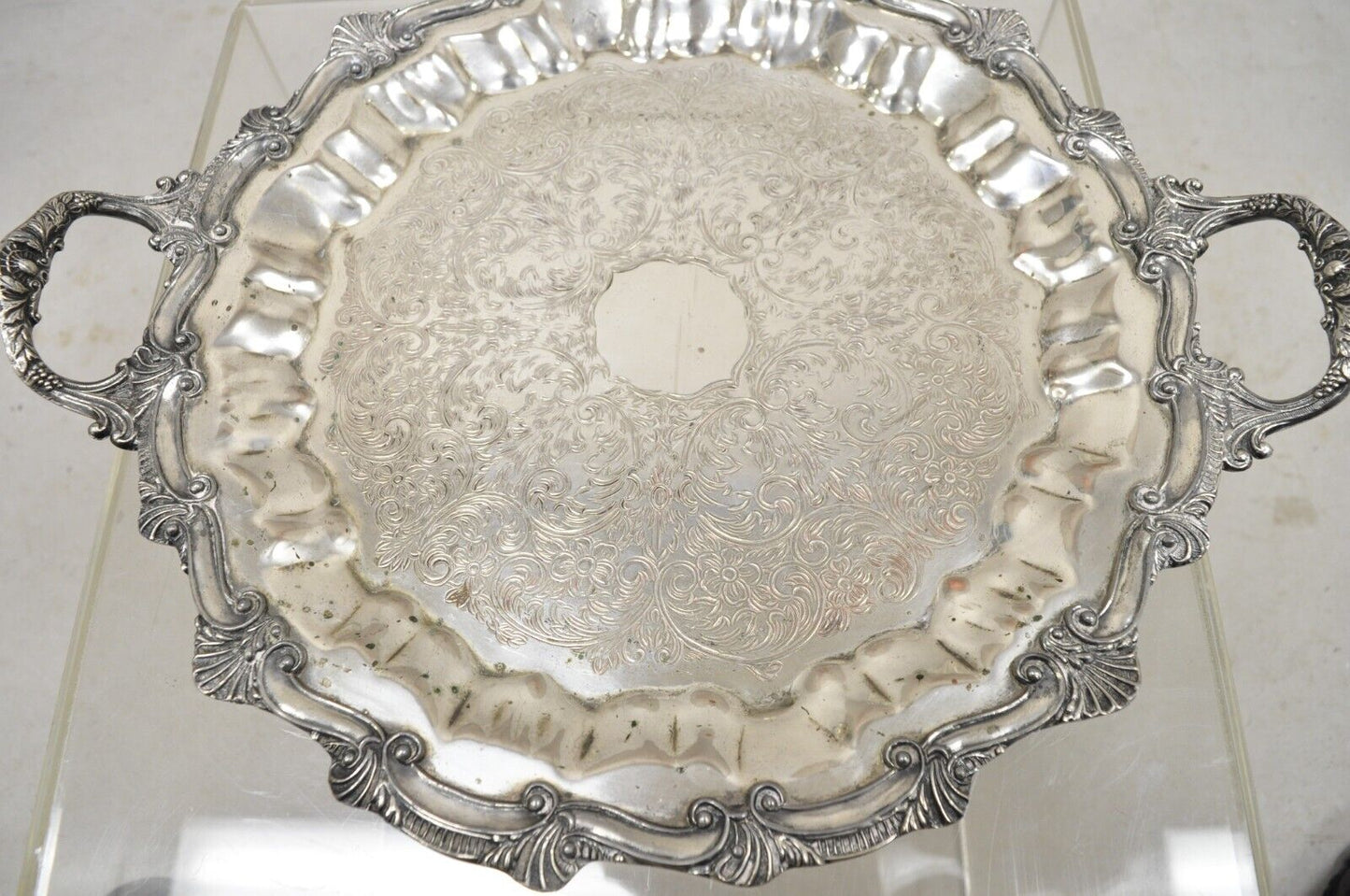 Vintage Victorian Style Silver Plated Scalloped Edge Round Serving Platter Tray