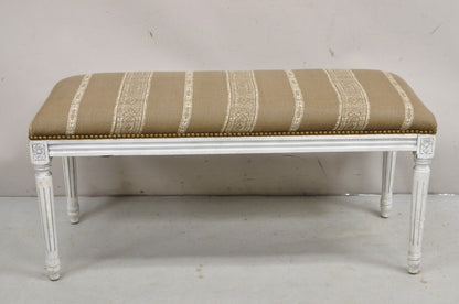 French Louis XVI Style Blue White Distress Painted Upholstered Wooden 40" Bench