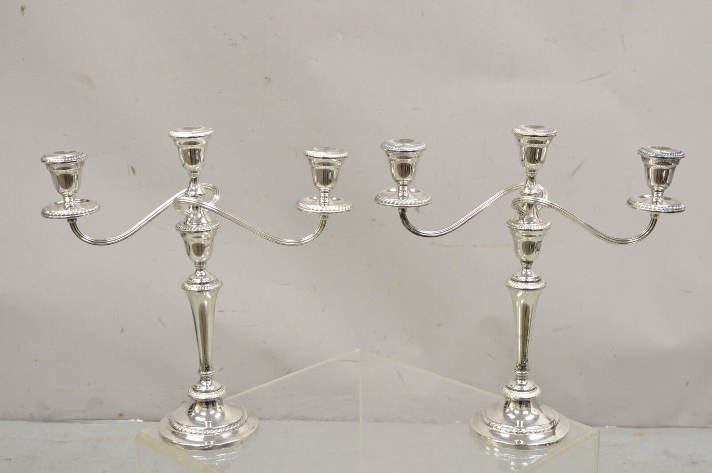 Gorham YC3031 3 Arm Branch Colonial Silver Plated Candle Candelabra - a Pair