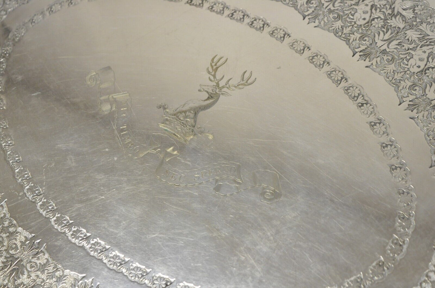 Antique English Victorian Horned Deer Oval Platter Tray " Nec Timeo Nec Sperno"