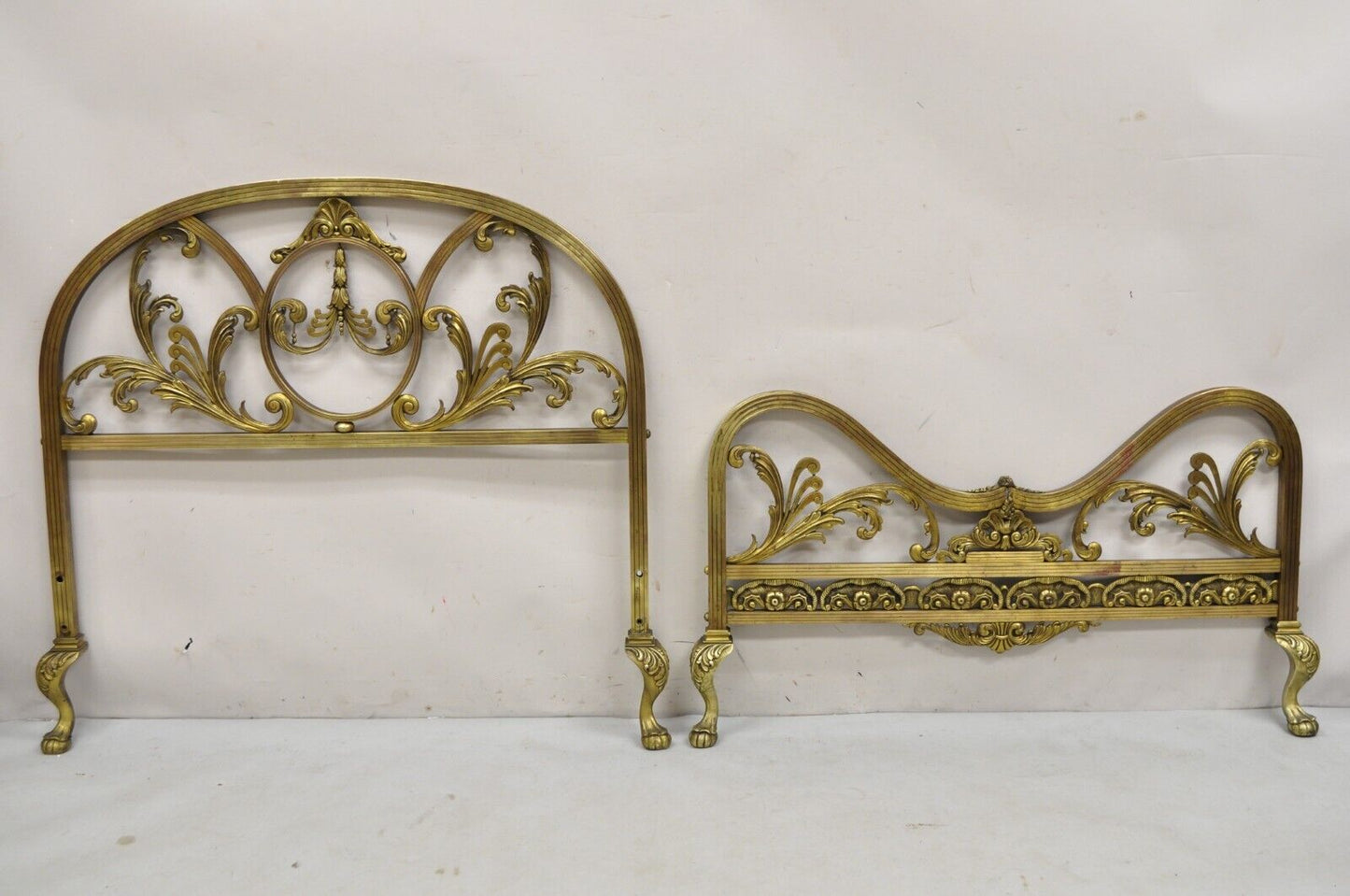 Antique French Victorian Solid Brass Patinated Leafy Scrollwork Twin Bed Frame