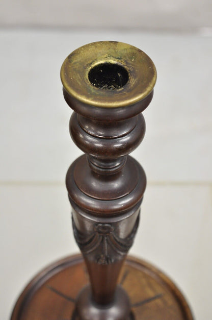 Antique English Edwardian Carved Mahogany Draped Single Candle Stick - Pair