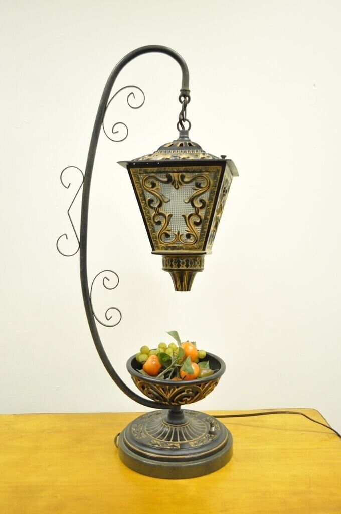 Vintage Italian Style Scrolling Metal Hanging Lantern Fruit Bowl Table Lamp