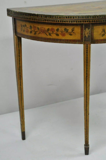 19th C. English Edwardian Polychrome Adams Painted Demilune Console Game Table