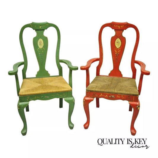 Vintage Queen Anne Style Green and Red Painted Rush Seat Arm Chairs - a Pair